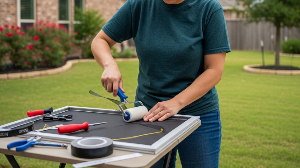 Houston resident using a specialized window screen repair kit to replace damaged mesh, addressing local weather challenges.