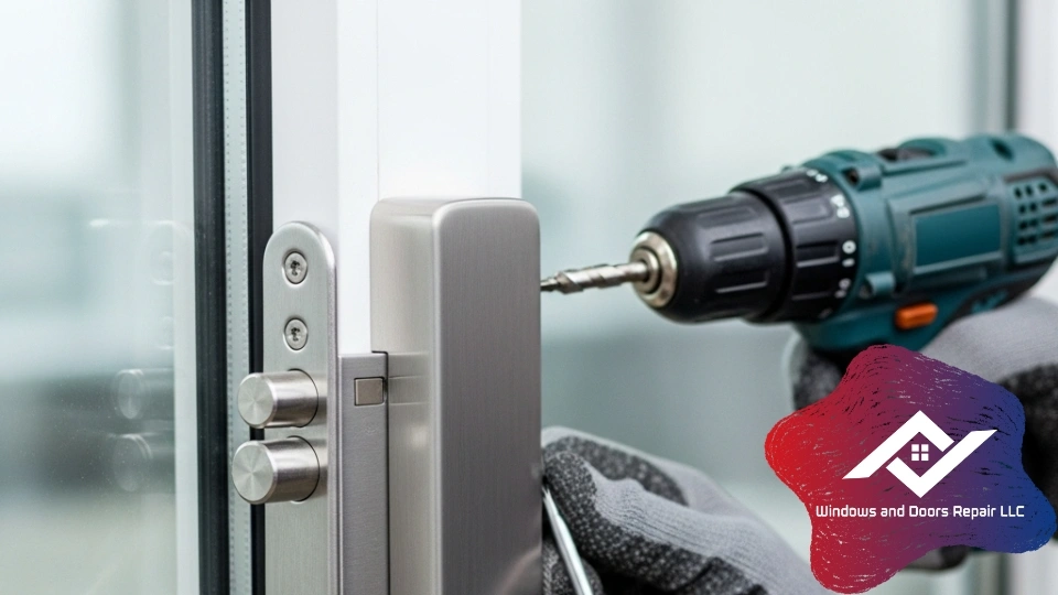 A permanent sliding glass door repair in houston using a stainless steel cover.