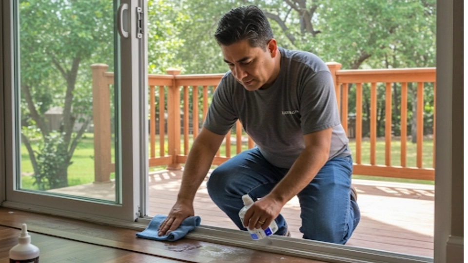 Homeowner cleaning the bottom track of a sglass door repair using tools from a maintenance bundle in a Houston home
