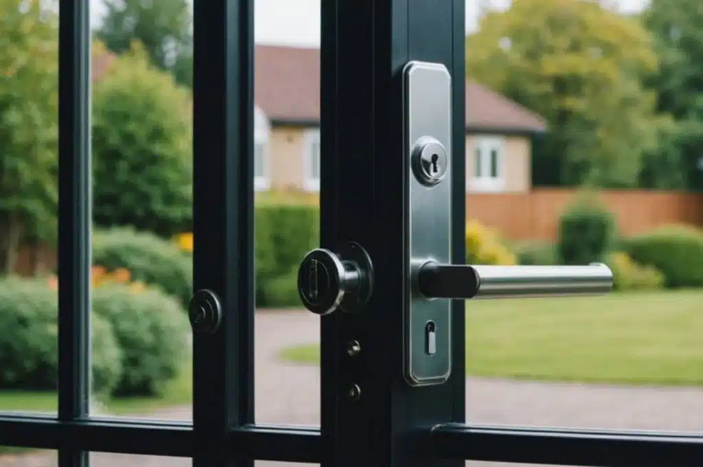 New high-security lock and handle installed on sliding glass door in Dallas