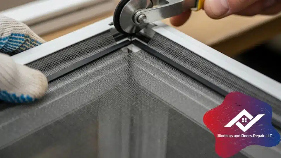 Technician installing new screen mesh into a residential window frame while working at a customer's home.