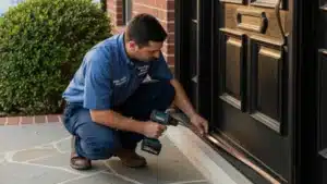 A technician from Windows And Doors Repair LLC expertly installing high-quality bronze weatherstripping on a Dallas home's front door.