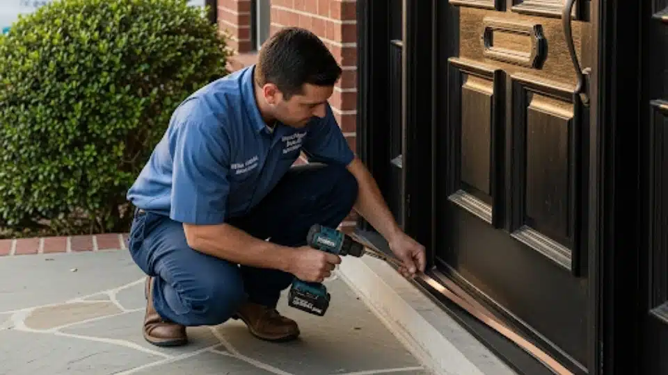 A technician from Windows And Doors Repair LLC expertly installing high-quality bronze weatherstripping on a Dallas home's front door.