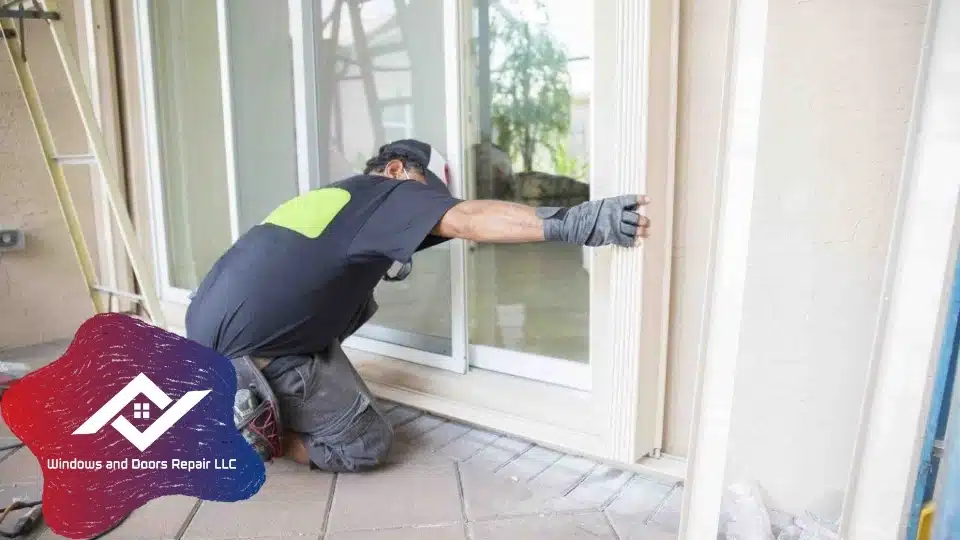 Technician checking sliding glass door frame alignment with level in Austin home