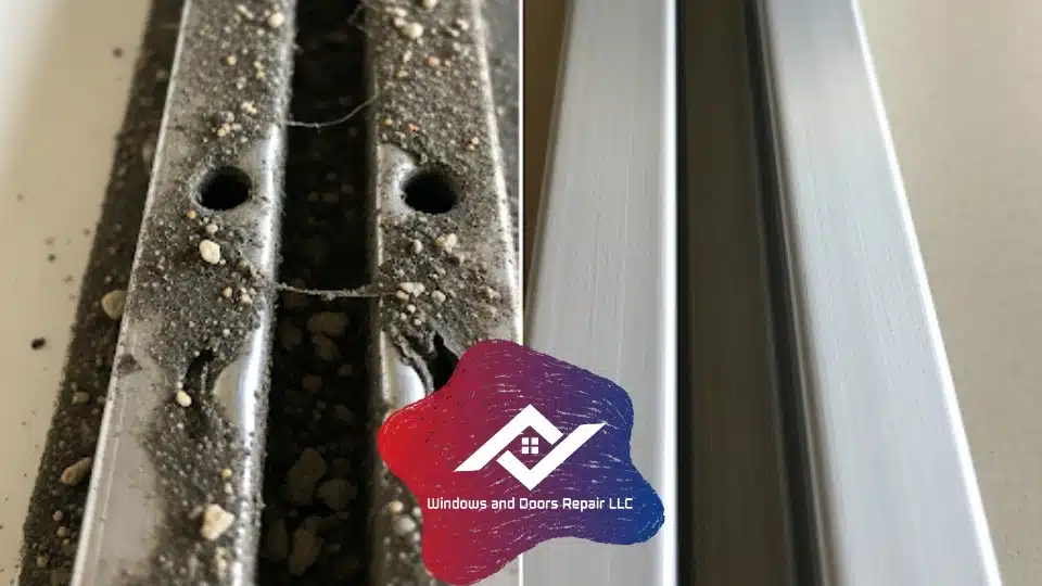 Before and after a professional sliding glass door track repair in Austin, showing a damaged track restored to pristine condition