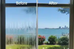Before and after glass door seal repair showing foggy vs clear glass in Austin home