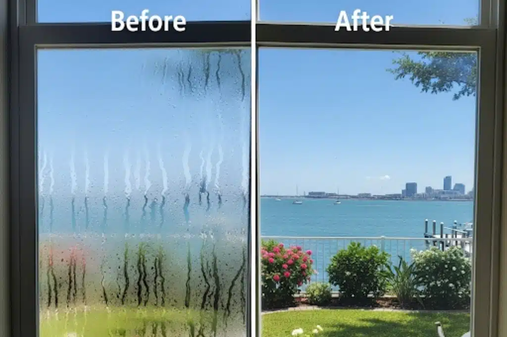 Before and after glass door seal repair showing foggy vs clear glass in Austin home