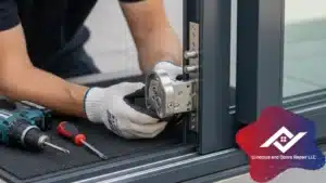 Broken sliding glass door lock being replaced by locksmith Dallas