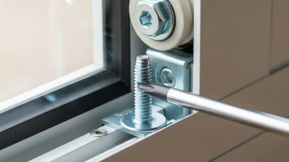 Close up of worn sliding glass door roller removed from Austin home