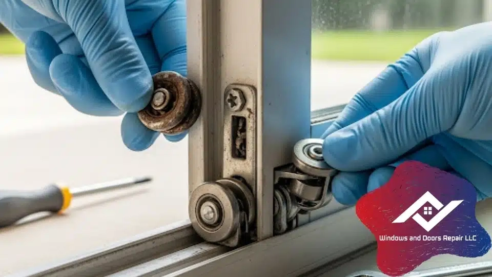 A close-up of a technician replacing the rollers on a sliding glass patio door in an Dallas home.