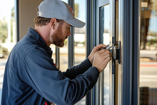Experienced door repair technician inspecting and repairing a residential entry door in Dallas TX