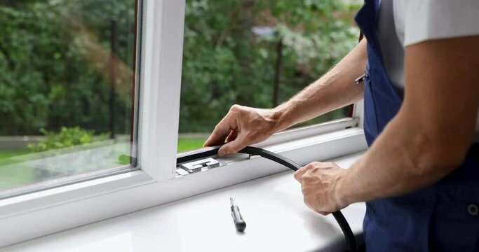 Residential window seal repair technician inspecting a failed double-pane window seal in Dallas TX