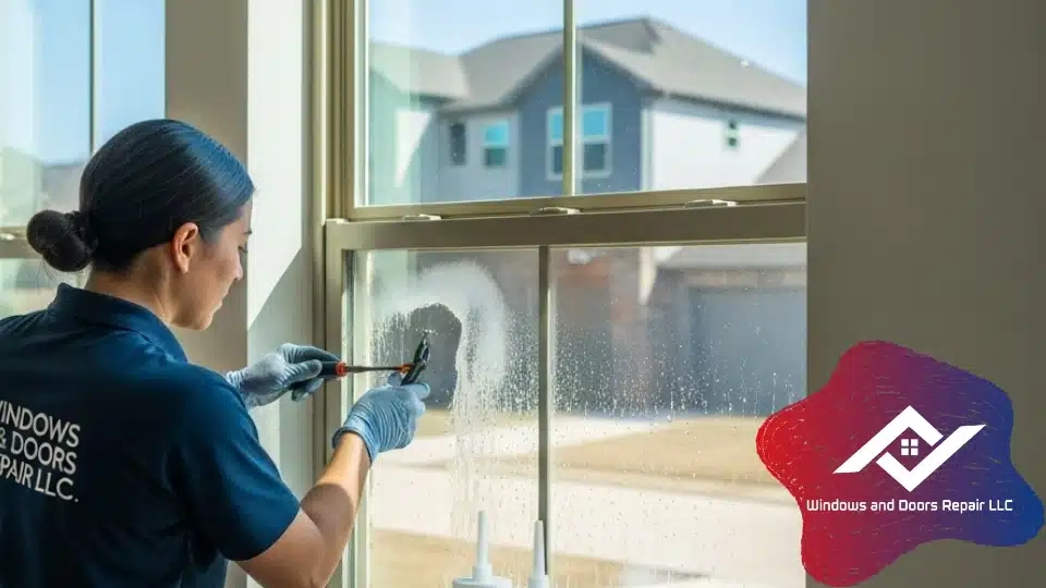 Technician repairing a double pane window with failed seal in a Dallas home using argon gas and professional grade tools to fix window sealing