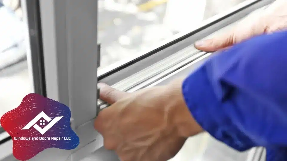 Technician replacing damaged weatherstripping on a front entry door during a door weatherstripping repair service in Dallas, Texas