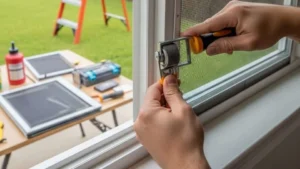 Close-up of a technician using a spline roller to install a new window screen during a mobile repair visit in a Dallas home