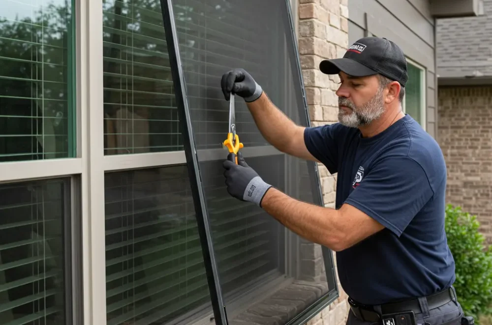 Technician repairing a window screen in a Dallas home with tools, showcasing clean modern windows and Texas-style architecture, representing professional window screen repair service